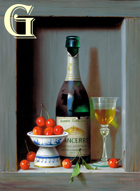ORIGINAL OIL PAINTING BY ZOLTAN PREINER, STILL LIFE WITH SANCERE AND CHERRIES